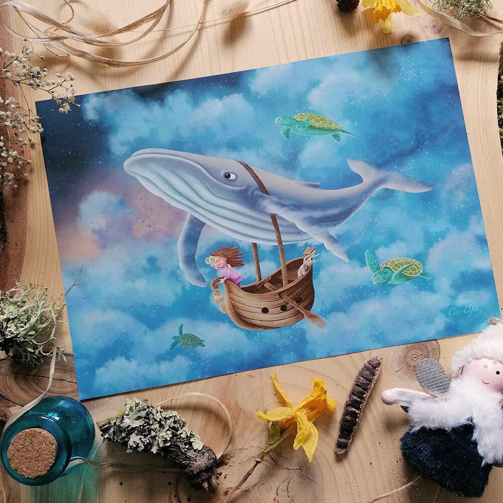 Affiche Enfant - La jeune aventurière du ciel et sa baleine - Eliz Elfée